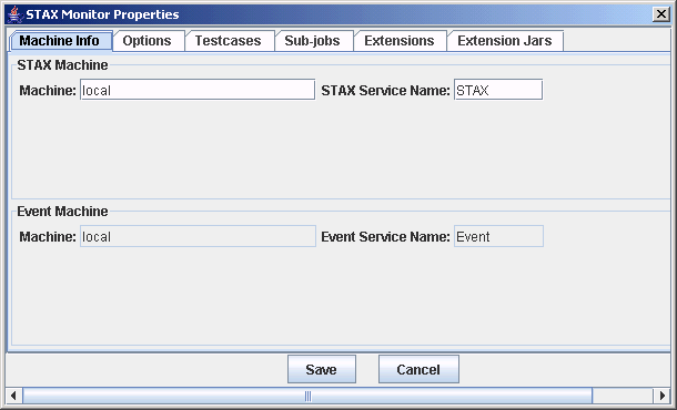 STAX Monitor Properties window - Machine Info