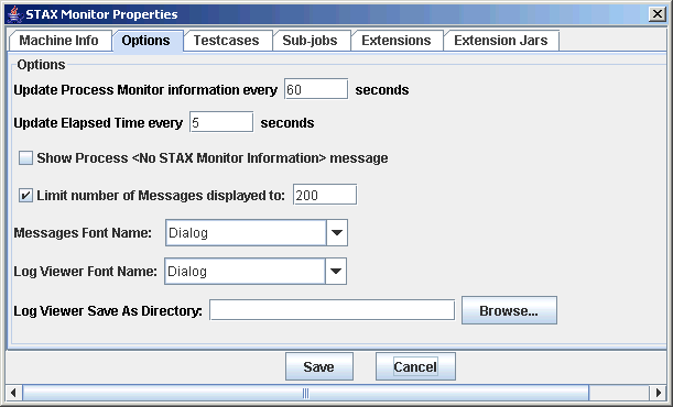 STAX Monitor Properties window - Options