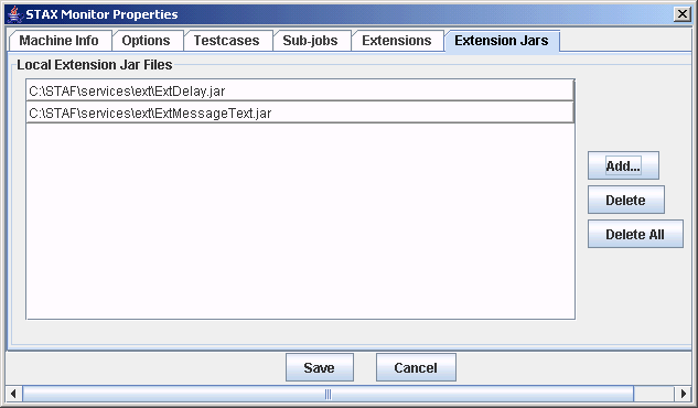 STAX Monitor Properties window - Extension Jars