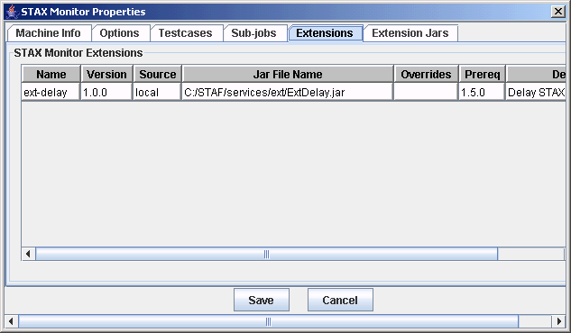 STAX Monitor Properties window - Extensions