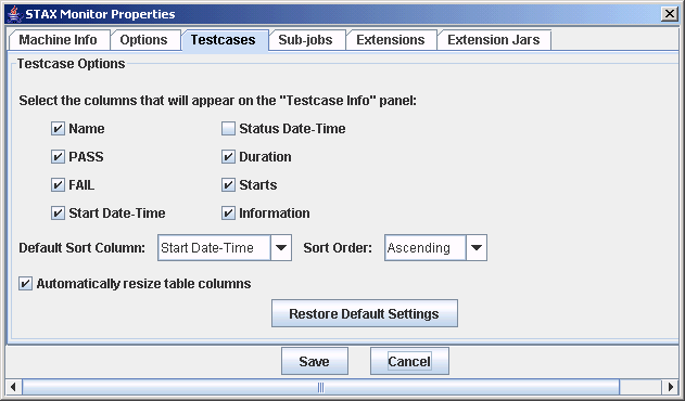 STAX Monitor Properties window - Testcases