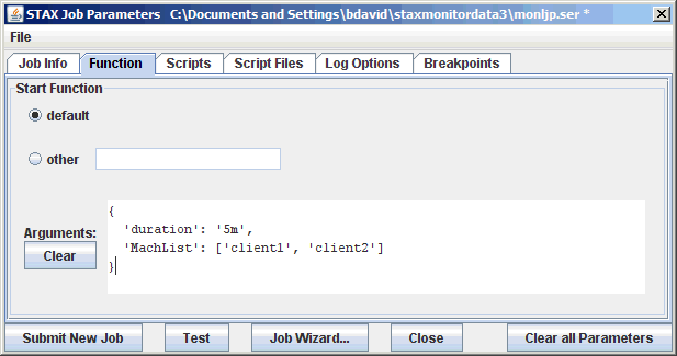 Start Job Parameters - Function tab