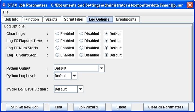 Start Job Parameters - Log Options tab