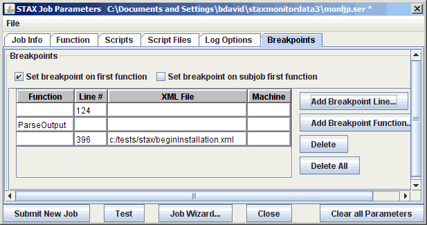 Start Job Parameters - Breakpoints tab